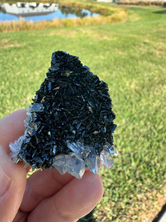 Black Epidote with Quartz – Triangular Crystal Specimen from Turkey