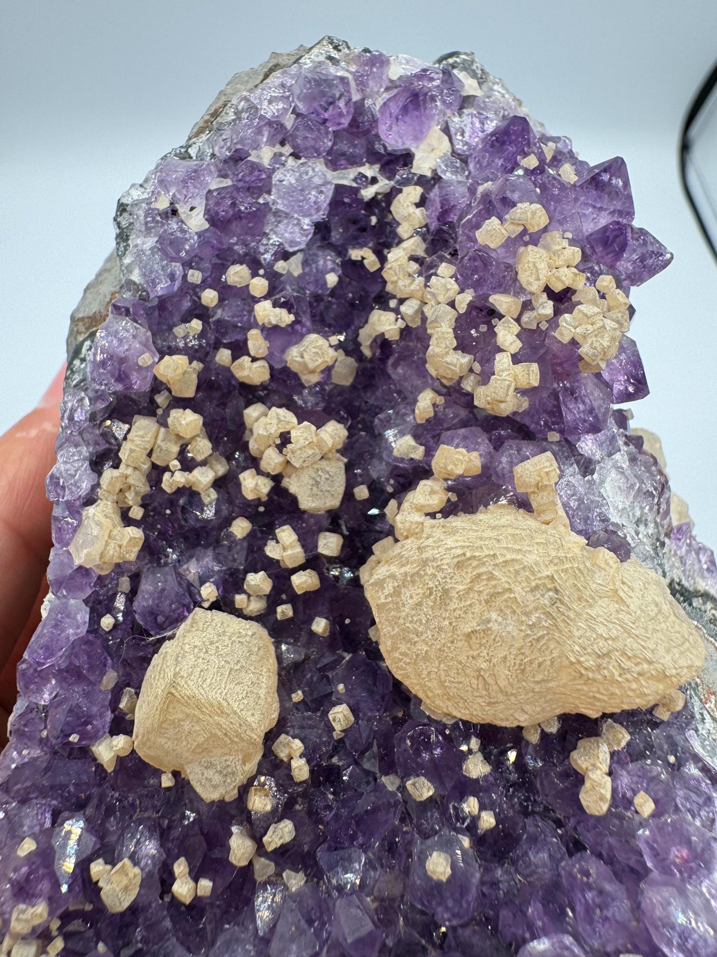 Amethyst Cluster with Calcite on Wooden Base – Rare Purple Crystal, Sparkling Points