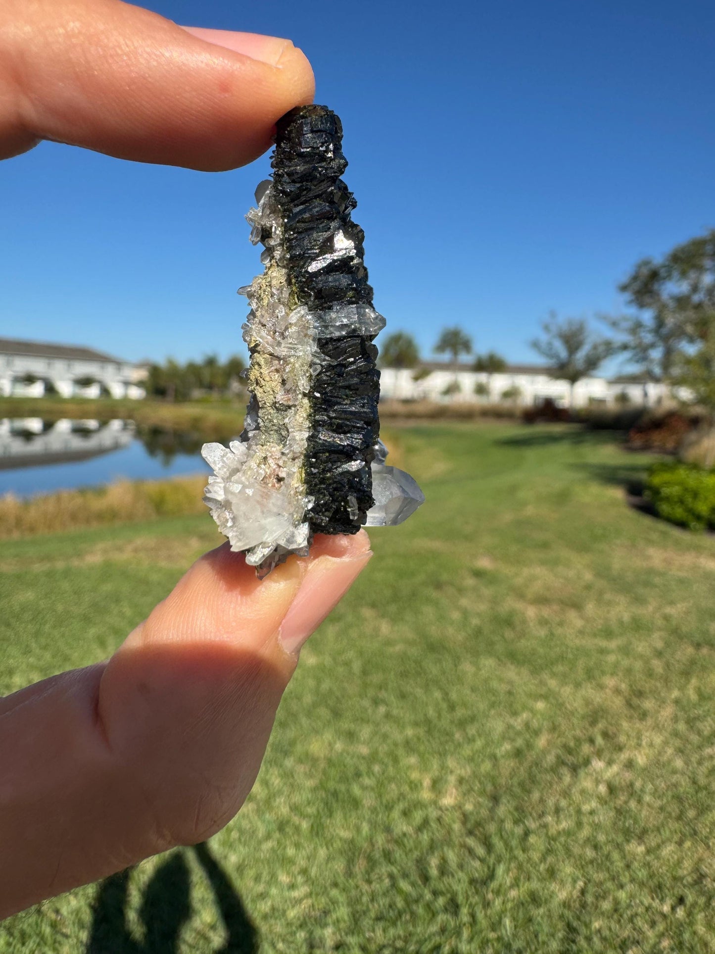 Black Epidote with Quartz – Triangular Crystal Specimen from Turkey