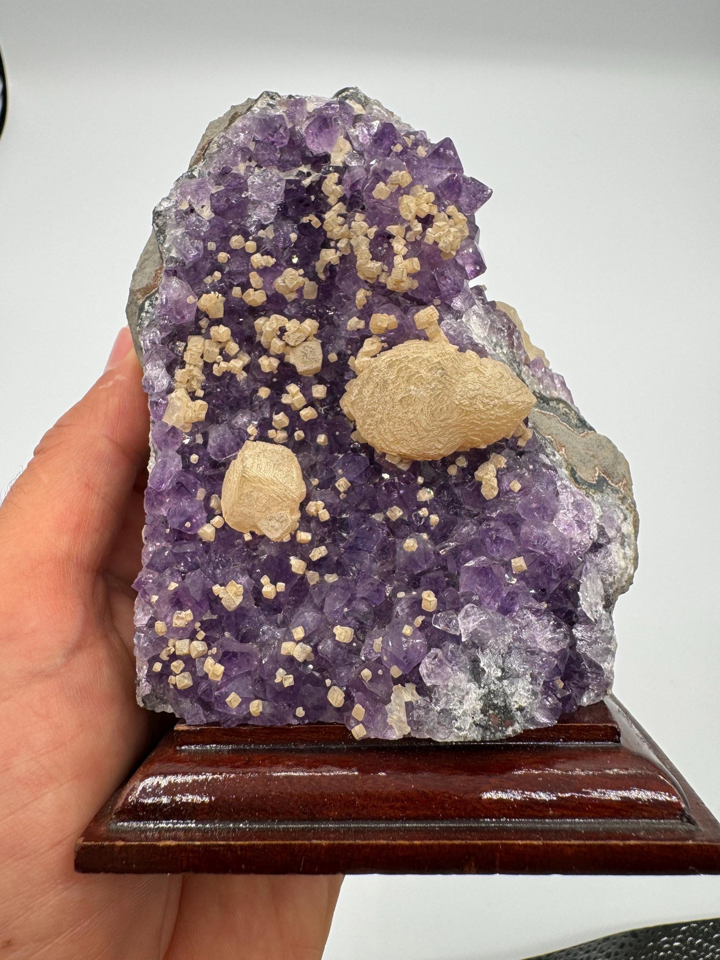 Amethyst Cluster with Calcite on Wooden Base – Rare Purple Crystal, Sparkling Points