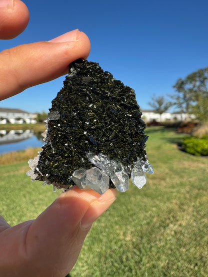 Black Epidote with Quartz – Triangular Crystal Specimen from Turkey