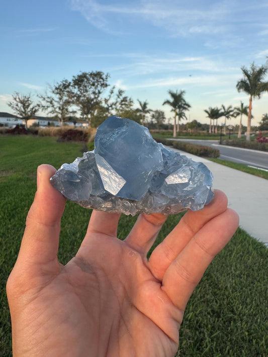 Celestite Geode from Madagascar – Handheld Specimen with Large Transparent Crystal – Meditation & Collector Mineral