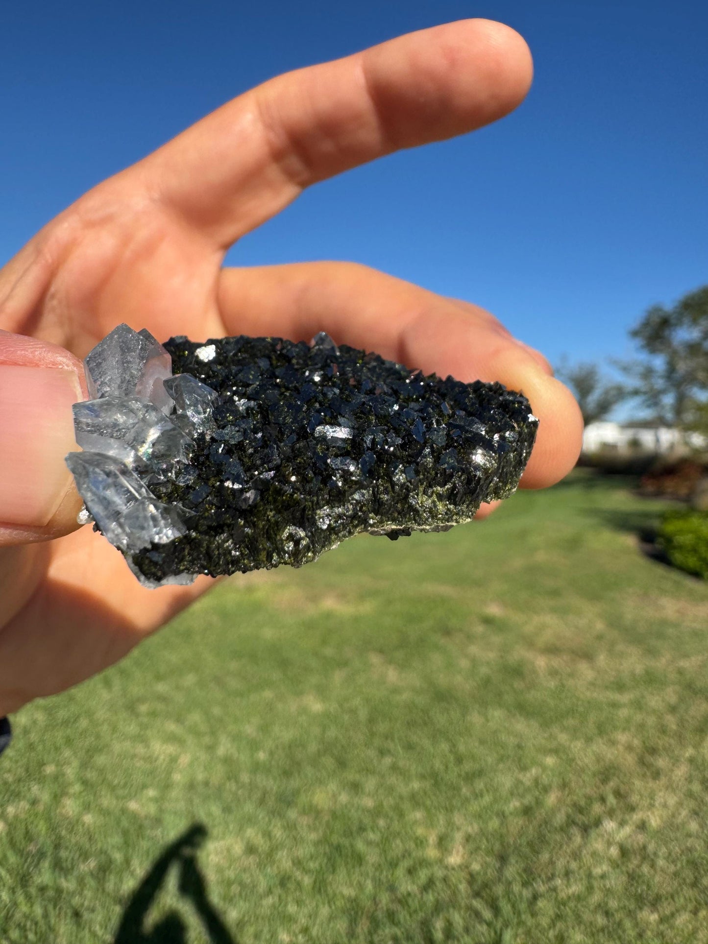 Black Epidote with Quartz – Triangular Crystal Specimen from Turkey