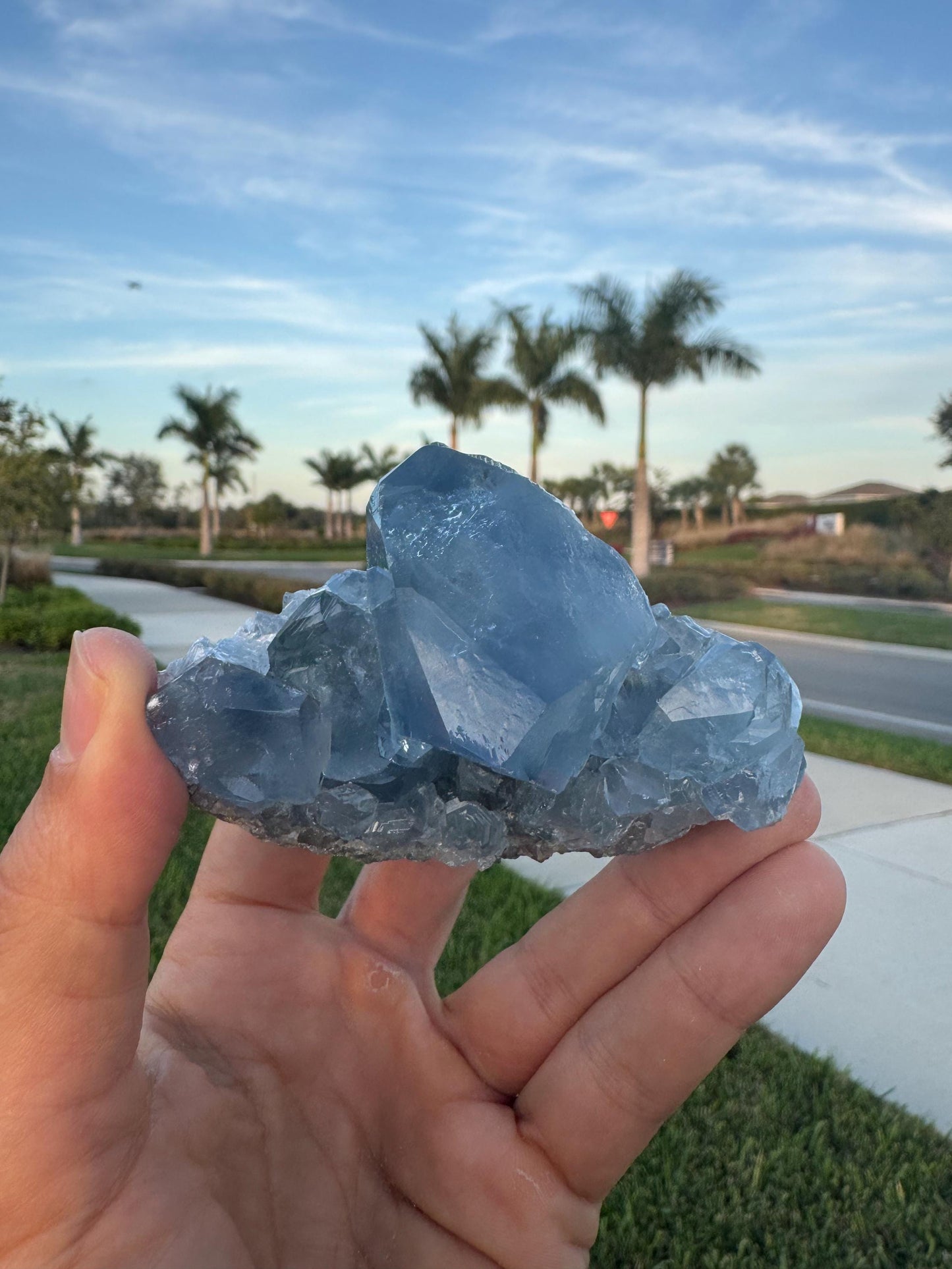 Celestite Geode from Madagascar – Handheld Specimen with Large Transparent Crystal – Meditation & Collector Mineral