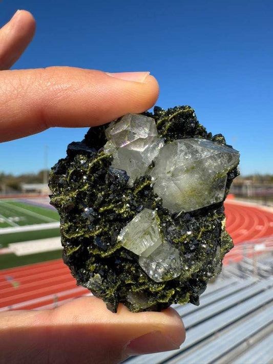 Natural Black and Green Epidote with Clear Quartz – Raw Mineral Cluster from Turkey – Handheld Crystal Specimen for Decor and Collection