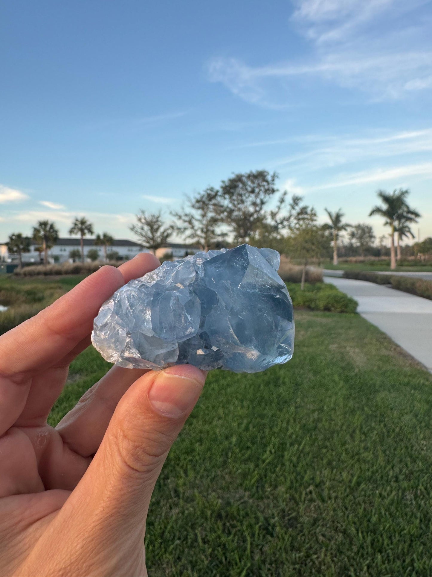 Celestite Geode from Madagascar – Handheld Specimen with Large Transparent Crystal – Meditation & Collector Mineral