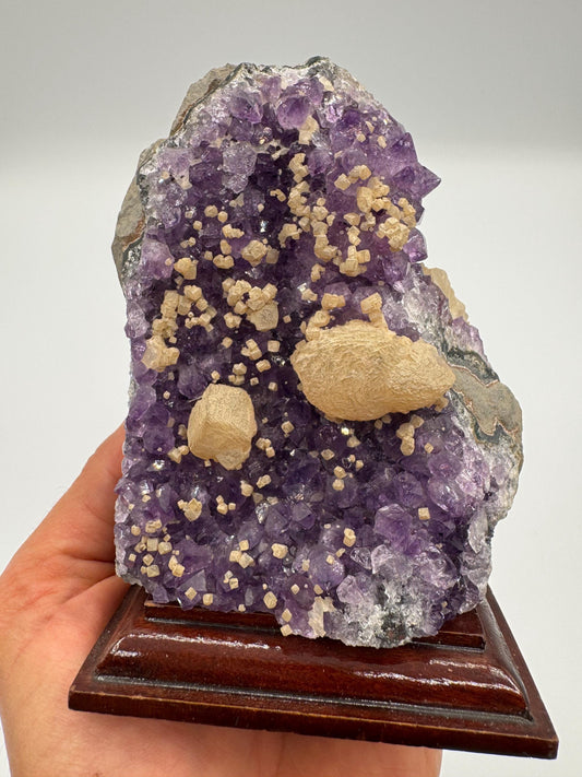 Amethyst Cluster with Calcite on Wooden Base – Rare Purple Crystal, Sparkling Points