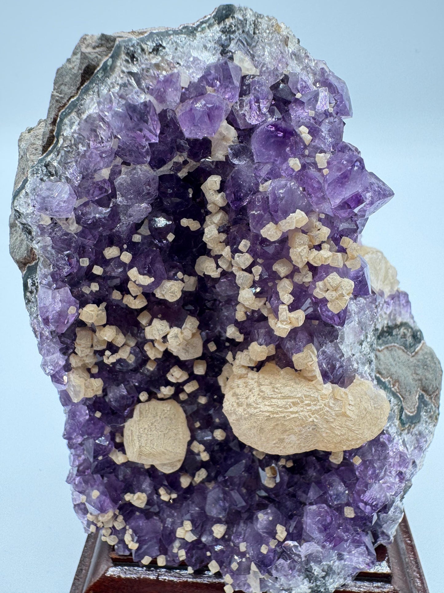 Amethyst Cluster with Calcite on Wooden Base – Rare Purple Crystal, Sparkling Points