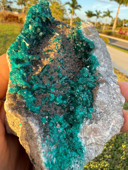 Dioptase with Calcite from Republic of Congo – Vivid Green Collector Specimen