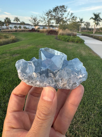 Celestite Geode from Madagascar – Handheld Specimen with Large Transparent Crystal – Meditation & Collector Mineral
