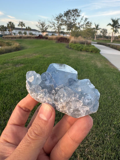 Celestite Geode from Madagascar – Handheld Specimen with Large Transparent Crystal – Meditation & Collector Mineral