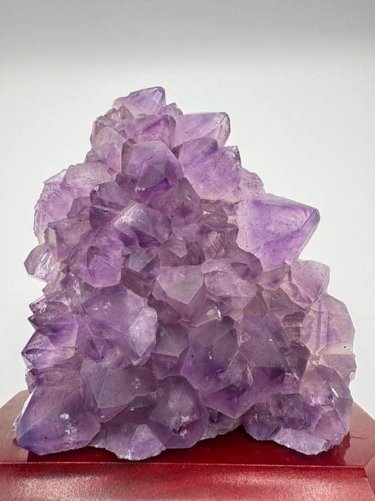 Large Amethyst Crystal Cluster on Wooden Base · Deep Purple Points