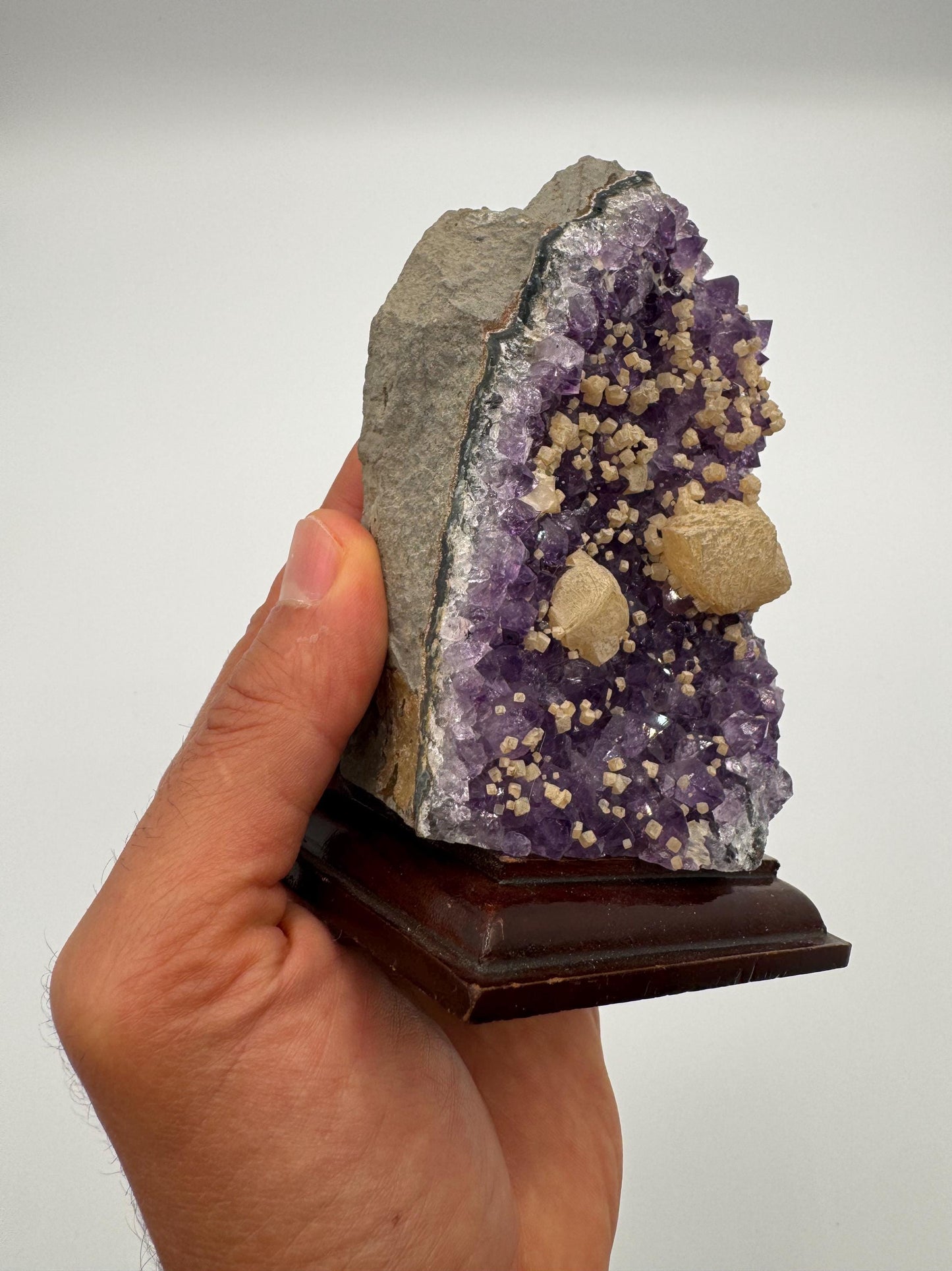 Amethyst Cluster with Calcite on Wooden Base – Rare Purple Crystal, Sparkling Points