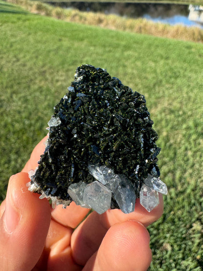 Black Epidote with Quartz – Triangular Crystal Specimen from Turkey