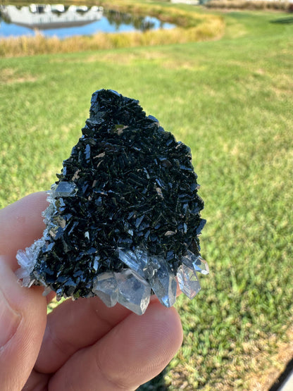 Black Epidote with Quartz – Triangular Crystal Specimen from Turkey