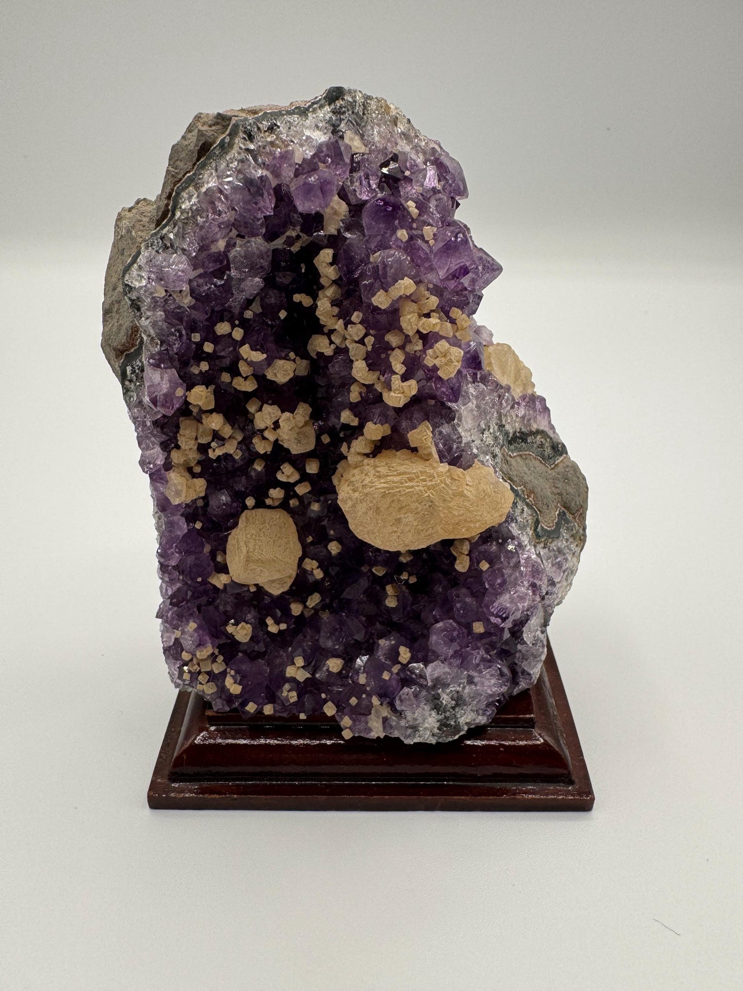 Amethyst Cluster with Calcite on Wooden Base – Rare Purple Crystal, Sparkling Points