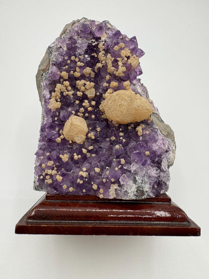 Amethyst Cluster with Calcite on Wooden Base – Rare Purple Crystal, Sparkling Points