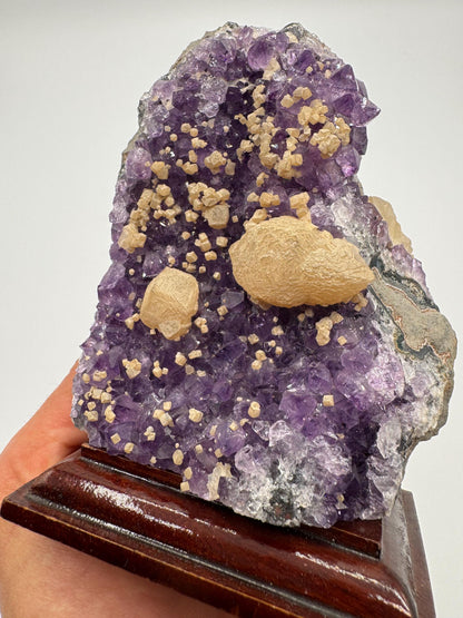 Amethyst Cluster with Calcite on Wooden Base – Rare Purple Crystal, Sparkling Points