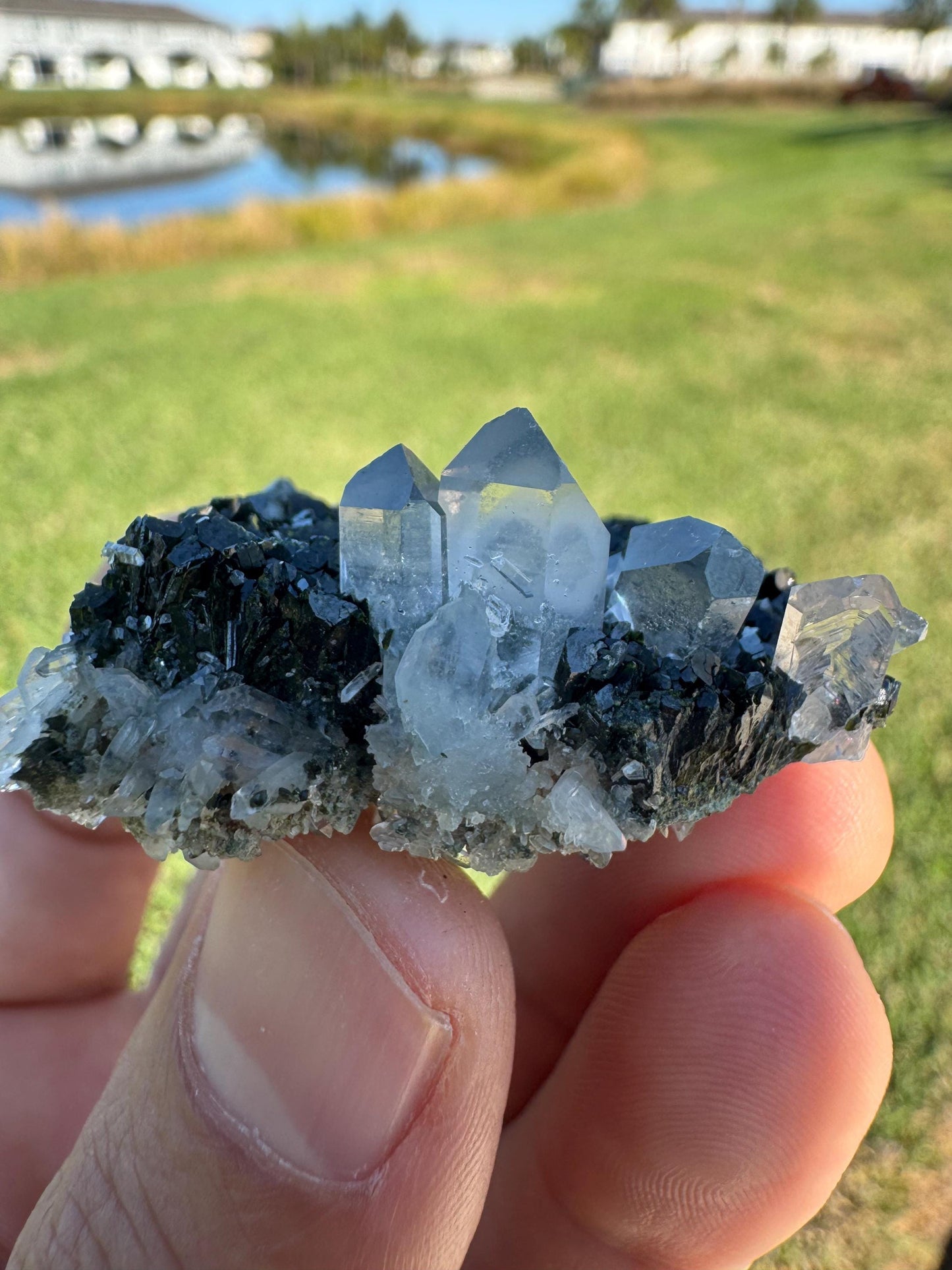 Black Epidote with Quartz – Triangular Crystal Specimen from Turkey