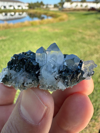 Black Epidote with Quartz – Triangular Crystal Specimen from Turkey