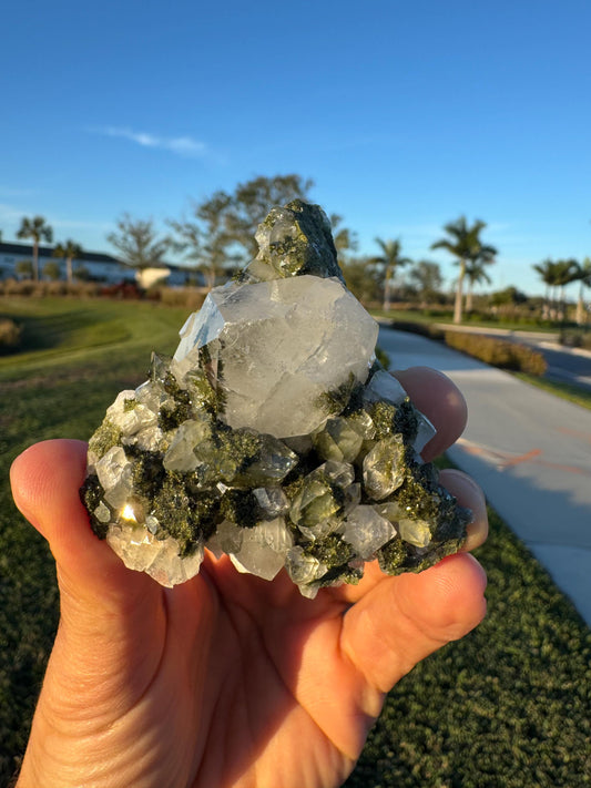 Green Epidote with Quartz Crystal – Pyramid Quartz Point – Rare Turkish Mineral Specimen