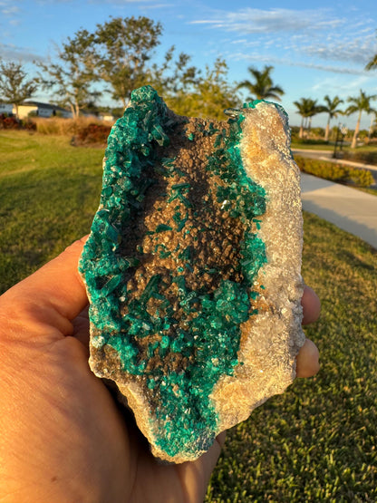 Dioptase with Calcite from Republic of Congo – Vivid Green Collector Specimen