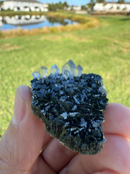Black Epidote with Quartz – Triangular Crystal Specimen from Turkey