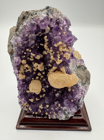 Amethyst Cluster with Calcite on Wooden Base – Rare Purple Crystal, Sparkling Points