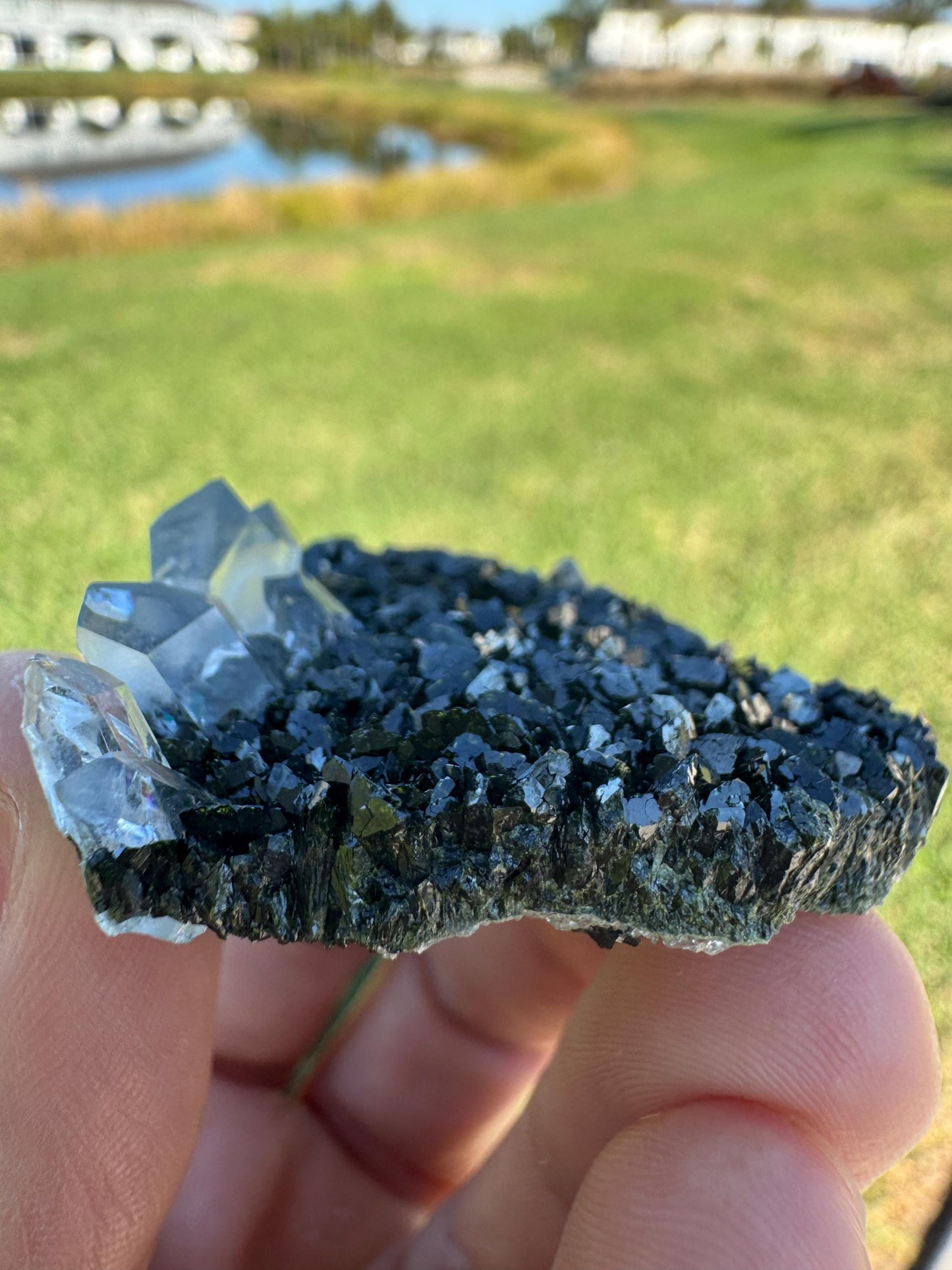 Black Epidote with Quartz – Triangular Crystal Specimen from Turkey