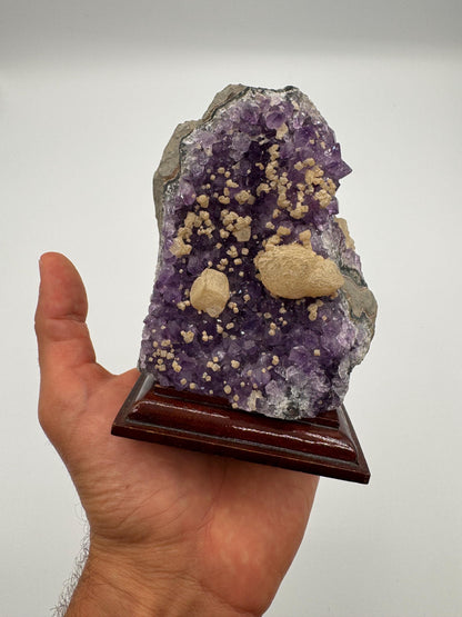 Amethyst Cluster with Calcite on Wooden Base – Rare Purple Crystal, Sparkling Points