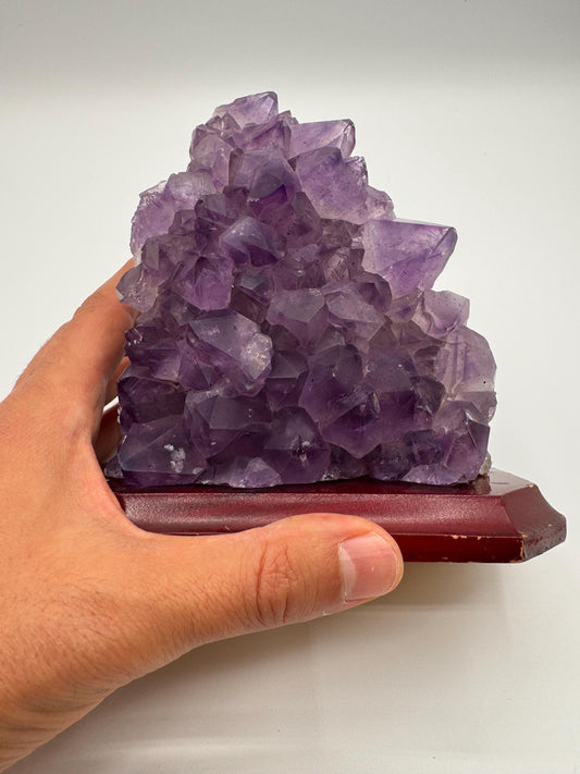 Large Amethyst Crystal Cluster on Wooden Base · Deep Purple Points